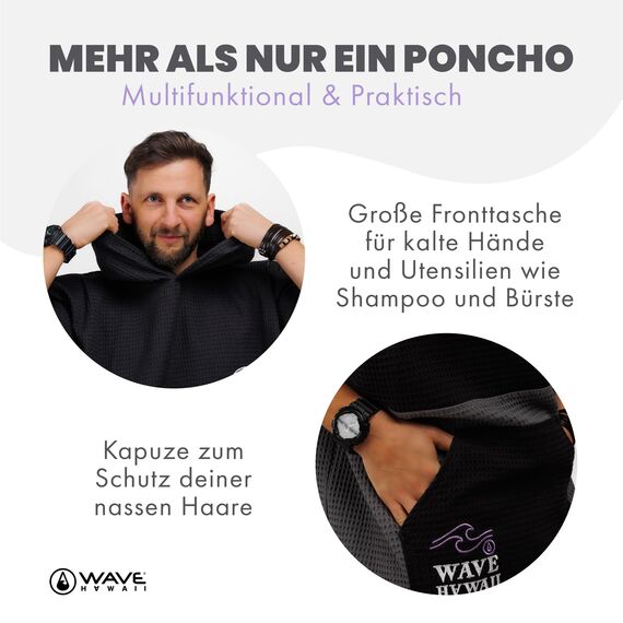 WAVE HAWAII Bade-Poncho Damen & Herren EL Yaque, Größe L/XL, 170-200cm, 100% Baumwolle Surf-Poncho Erwachsene, Travel-Handtuch mit hoher Wasserabsorption, Umziehhilfe Strand Erwachsene