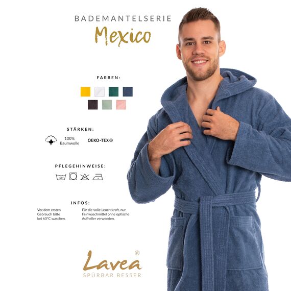 Lavea® Mexico – Bademantel Damen & Herren aus 100% Baumwolle – weicher Frottee Morgenmantel mit Kapuze, Unisex Design, Ideal für Sauna & Zuhause, saugstark & pflegeleicht
