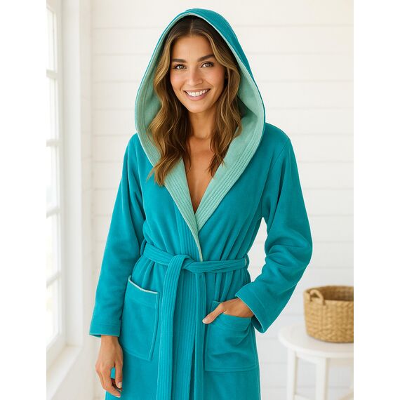 Morgenstern Bademantel Damen mit Kapuze 100% Baumwolle Frottee OEKO-TEX® Morgenmantel Leonie Petrol Größe S