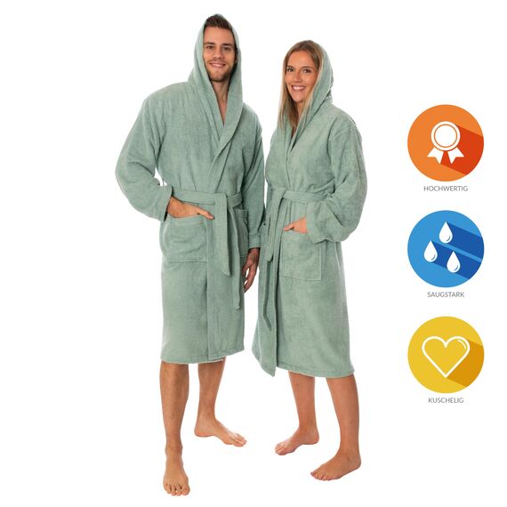 Lavea® Mexico – Bademantel Damen & Herren aus 100% Baumwolle – weicher Frottee Morgenmantel mit Kapuze, Unisex Design, Ideal für Sauna & Zuhause, saugstark & pflegeleicht