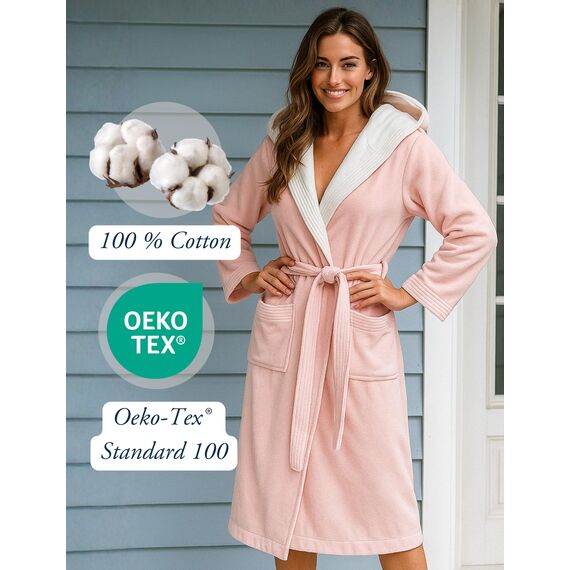 Morgenstern Bademantel Damen mit Kapuze 100% Baumwolle Frottee OEKO-TEX® Morgenmantel Leonie Rosa Größe M
