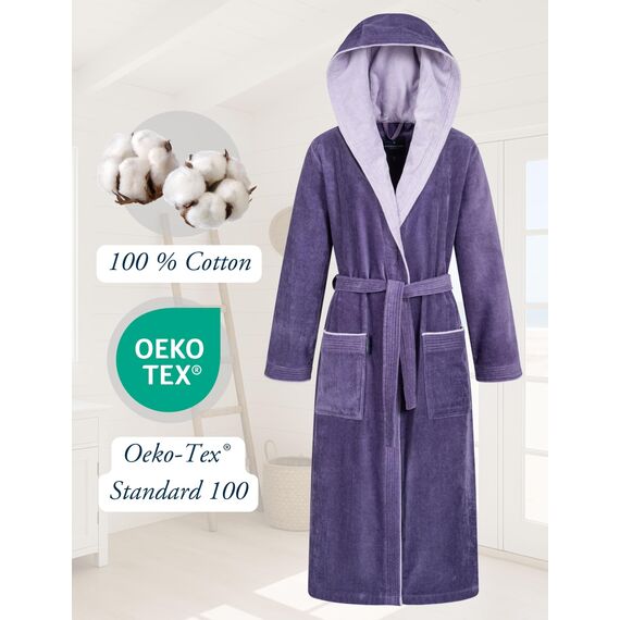 Morgenstern Bademantel Damen mit Kapuze 100% Baumwolle Frottee OEKO-TEX® Morgenmantel Leonie Lila Größe XL