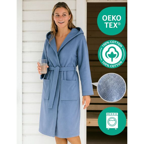 Morgenstern Bademantel Damen mit Kapuze 100% Baumwolle Frottee OEKO-TEX® Morgenmantel Leonie Jeansblau Größe L