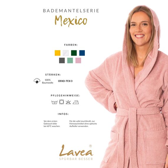 Lavea® Mexico – Bademantel Damen & Herren aus 100% Baumwolle – weicher Frottee Morgenmantel mit Kapuze, Unisex Design, Ideal für Sauna & Zuhause, saugstark & pflegeleicht