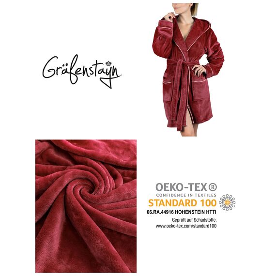 Gräfenstayn Bademantel Damen flauschig mit Kapuze - Kuschelfleece - Öko-Tex Standard 100 - Morgenmantel leicht & kurz - Größe (XL, Bordeaux)