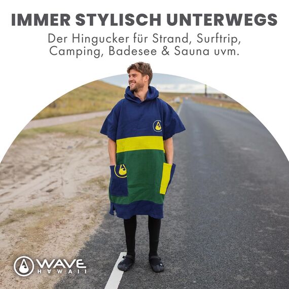 WAVE HAWAII Bade-Poncho Damen & Herren Pampatar, Größe L/XL, 170-200cm, 100% Baumwolle Surf-Poncho Erwachsene, Travel-Handtuch mit hoher Wasserabsorption, Umziehhilfe Strand Erwachsene
