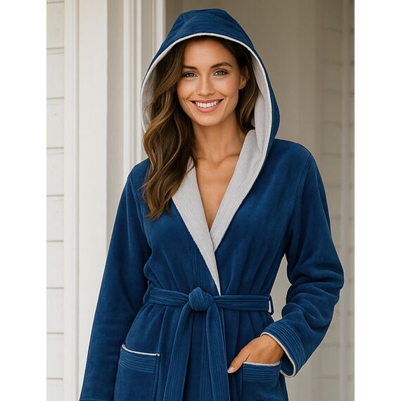 Morgenstern Bademantel Damen mit Kapuze 100% Baumwolle Frottee OEKO-TEX® Morgenmantel Leonie Blau Größe XL