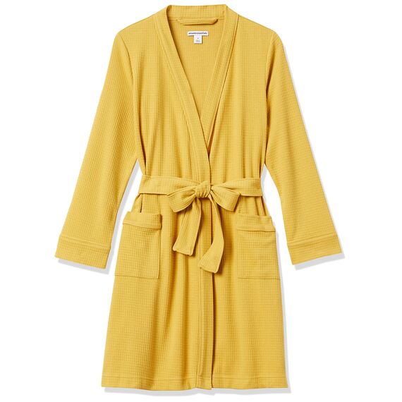 Amazon Essentials Damen Leichter Waffel-Bademantel, Mittellang (Erhältlich In Übergröße), Senfgelb, M