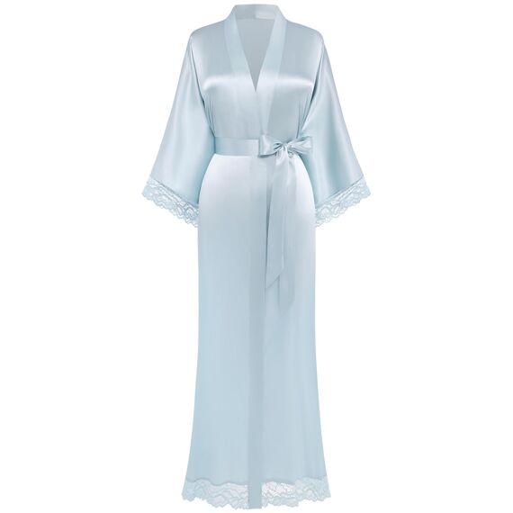 BABEYOND Satin-Kimono-Bademantel, seidig, lang, für Brautjungfer, Hochzeit, leichter Bademantel mit Spitzenbesatz, Hell, blau, Einheitsgröße