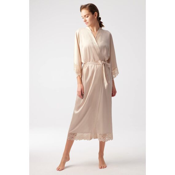 BABEYOND Damen Morgenmantel Lang Einfarbiger Bademantel Spitzen Ärmel Seide Satin Kimono Kleid Damen Sommer Robe Reine Farbe Schlafmantel (Lang - Champagner)