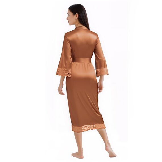 Babeyond Satin-Kimono-Bademantel, seidig, lang, für Brautjungfer, Hochzeit, leichter Bademantel mit Spitzenbesatz, Caramel, Einheitsgröße Mehr