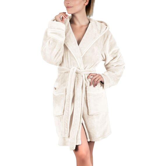 Gräfenstayn Bademantel Damen flauschig mit Kapuze - Kuschelfleece - Öko-Tex Standard 100 - Morgenmantel leicht & kurz - Größe (L, Creme)