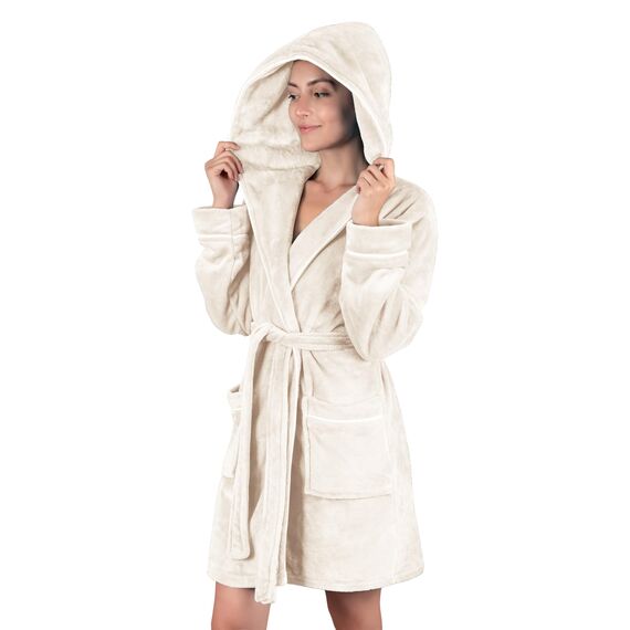 Gräfenstayn Bademantel Damen flauschig mit Kapuze - Kuschelfleece - Öko-Tex Standard 100 - Morgenmantel leicht & kurz - Größe (L, Creme)