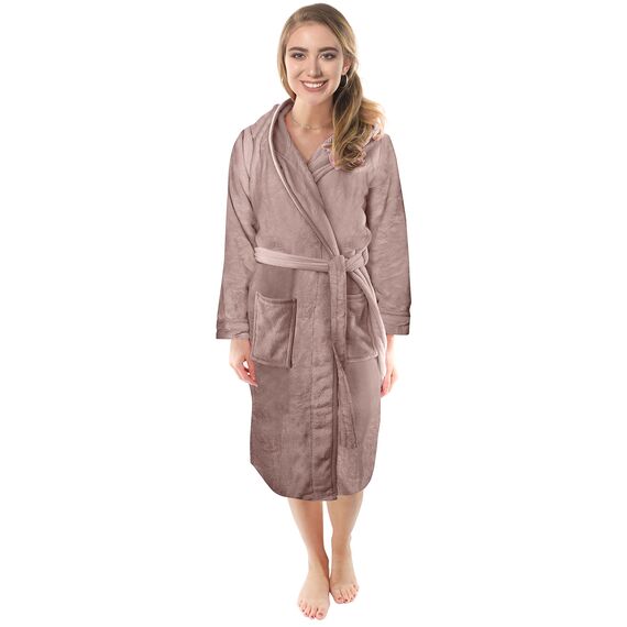 NY Threads Morgenmantel Damen mit Kapuze Fleece Plüsch Weich Bademantel Nachtwäsche Hausmantel (Klein,Taupe)