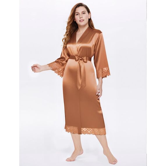Babeyond Satin-Kimono-Bademantel, seidig, lang, für Brautjungfer, Hochzeit, leichter Bademantel mit Spitzenbesatz, Caramel, Einheitsgröße