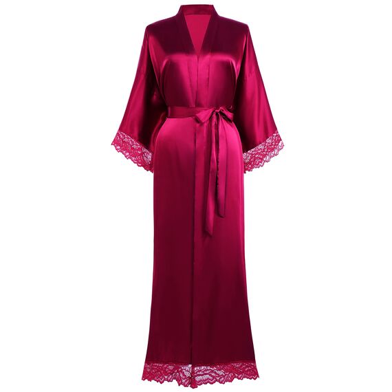 BABEYOND Damen Morgenmantel Lang Kurz Einfarbiger Bademantel Spitzen Ärmel Seide Satin Kimono Kleid Damen Sommer Robe Reine Farbe Schlafmantel (Lang - Weinrot)