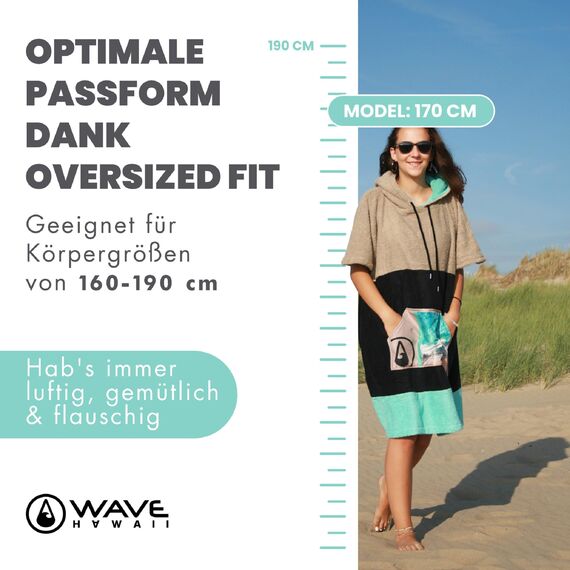 WAVE HAWAII Bade-Poncho Damen & Herren “Ericeira”, Größe M, 160-190cm, 95% Baumwolle Surf-Poncho Erwachsene, Frottee-Handtuch mit hoher Wasserabsorption, Umziehhilfe, Made,n Portugal
