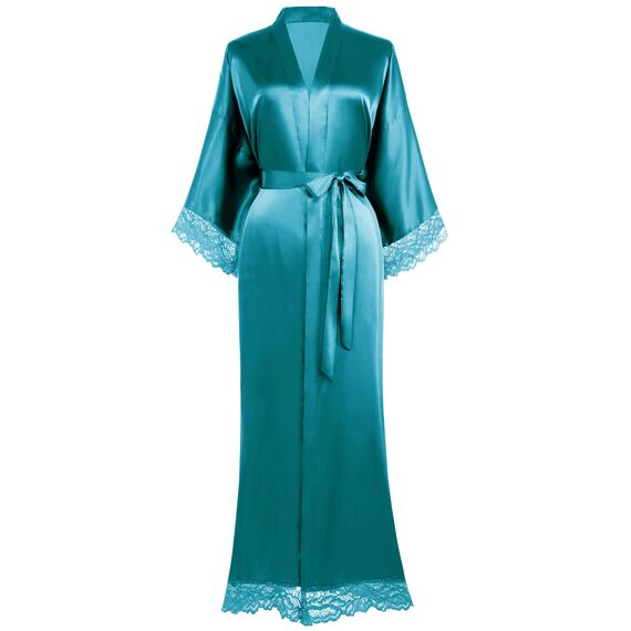 Babeyond Satin-Kimono-Bademantel, seidig, lang, für Brautjungfer, Hochzeit, leichter Bademantel mit Spitzenbesatz, Pfauenblau, Einheitsgröße Mehr
