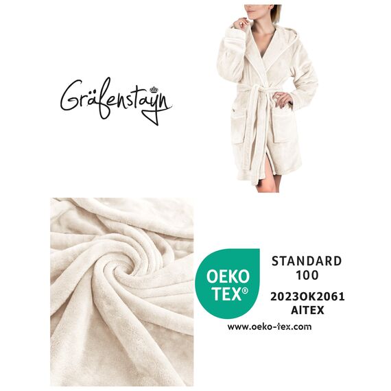 Gräfenstayn Bademantel Damen flauschig mit Kapuze - Kuschelfleece - Öko-Tex Standard 100 - Morgenmantel leicht & kurz - Größe (L, Creme)