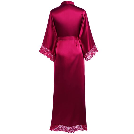 BABEYOND Damen Morgenmantel Lang Kurz Einfarbiger Bademantel Spitzen Ärmel Seide Satin Kimono Kleid Damen Sommer Robe Reine Farbe Schlafmantel (Lang - Weinrot)