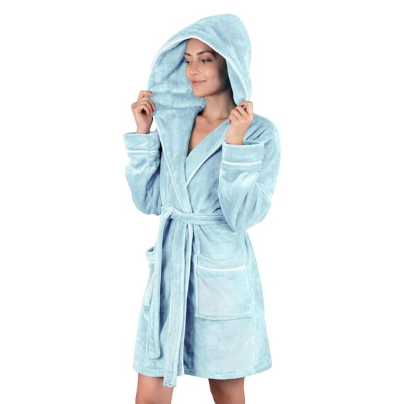 Gräfenstayn Bademantel Damen flauschig mit Kapuze - Kuschelfleece - Öko-Tex Standard 100 - Morgenmantel leicht & kurz - Größe (M, Hellblau)