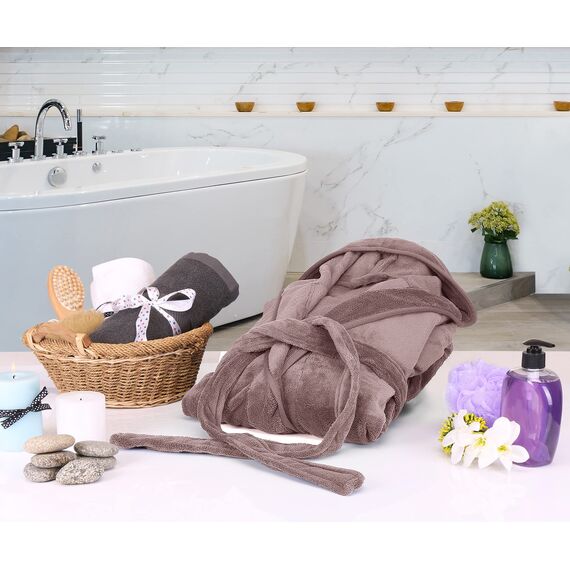 NY Threads Morgenmantel Damen mit Kapuze Fleece Plüsch Weich Bademantel Nachtwäsche Hausmantel (Mittel,Taupe)