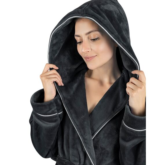 Gräfenstayn Bademantel Damen flauschig mit Kapuze - Kuschelfleece - Öko-Tex Standard 100 - Morgenmantel leicht & kurz - Größe (S, Anthrazit)