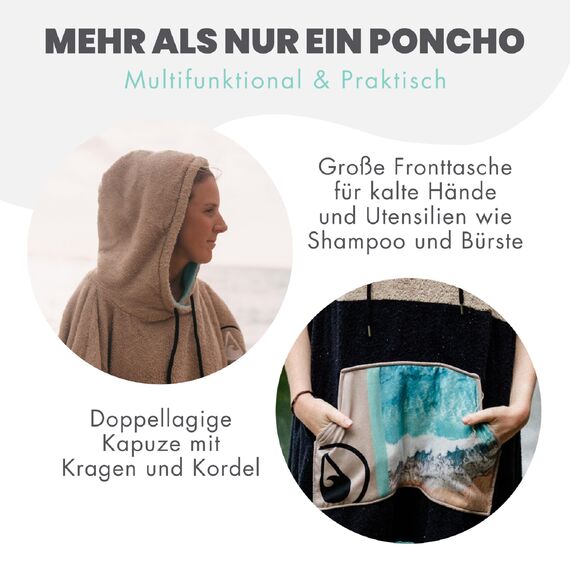 WAVE HAWAII Bade-Poncho Damen & Herren “Ericeira”, Größe M, 160-190cm, 95% Baumwolle Surf-Poncho Erwachsene, Frottee-Handtuch mit hoher Wasserabsorption, Umziehhilfe, Made,n Portugal