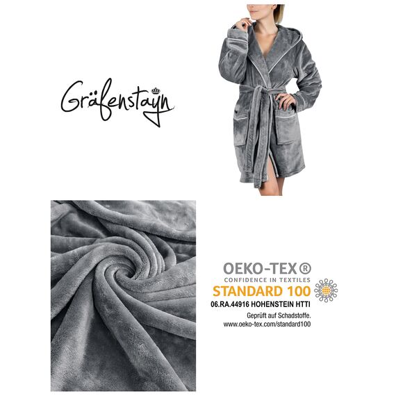 Gräfenstayn Bademantel Damen flauschig mit Kapuze - Kuschelfleece - Öko-Tex Standard 100 - Morgenmantel leicht & kurz - Größe (M, Grau)