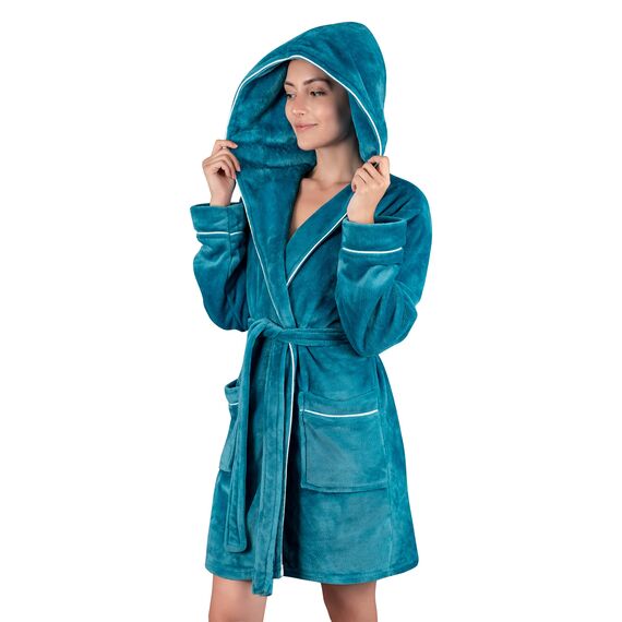 Gräfenstayn Bademantel Damen flauschig mit Kapuze - Kuschelfleece - Öko-Tex Standard 100 - Morgenmantel leicht & kurz - Größe (M, Türkis)