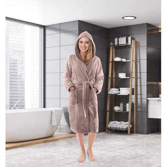 NY Threads Morgenmantel Damen mit Kapuze Fleece Plüsch Weich Bademantel Nachtwäsche Hausmantel (Klein,Taupe)