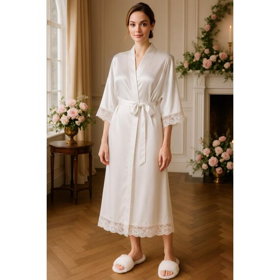 BABEYOND Damen Morgenmantel Lang Kurz Einfarbiger Bademantel Spitzen Ärmel Seide Satin Kimono Kleid Damen Sommer Robe Reine Farbe Schlafmantel (Lang - Weiß)