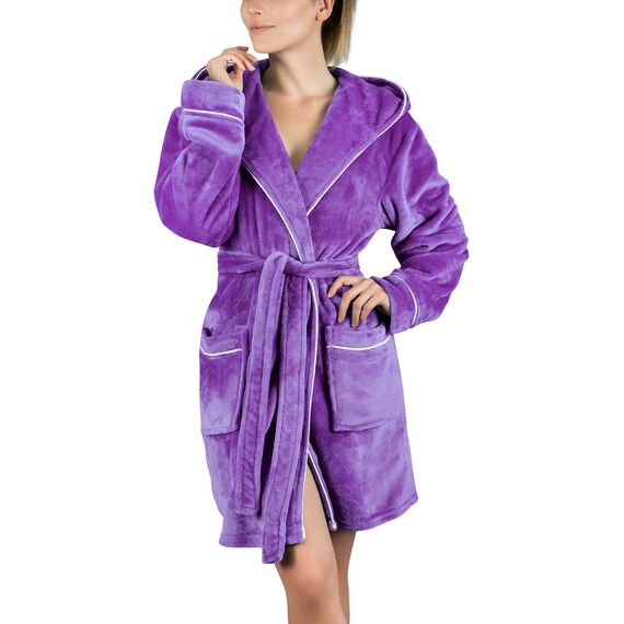 Gräfenstayn Bademantel Damen flauschig mit Kapuze - Kuschelfleece - Öko-Tex Standard 100 - Morgenmantel leicht & kurz - Größe (S, Lila)