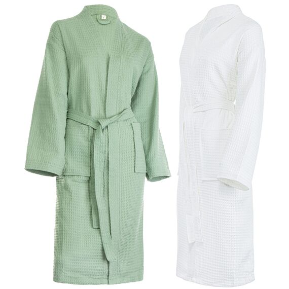 Brandsseller Unisex Bademantel aus Baumwolle S – Leichter Morgenmantel aus Waffel-Piqué für Damen & Herren – Saunamantel / Hausmantel für Wellness & Zuhause - Grün