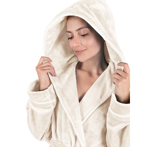 Gräfenstayn Bademantel Damen flauschig mit Kapuze - Kuschelfleece - Öko-Tex Standard 100 - Morgenmantel leicht & kurz - Größe (L, Creme)