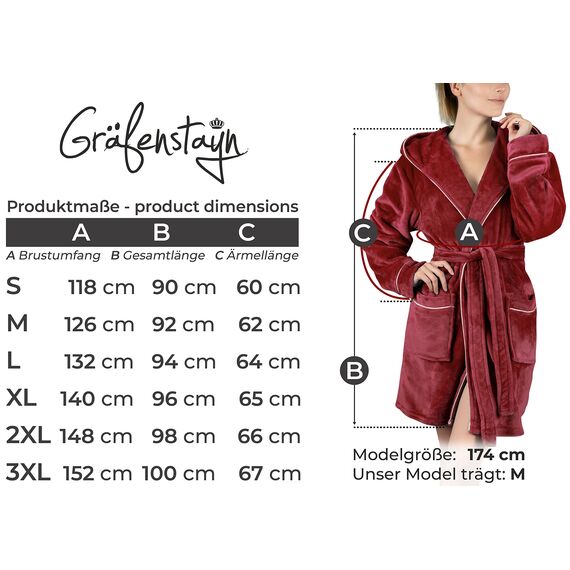 Gräfenstayn Bademantel Damen flauschig mit Kapuze - Kuschelfleece - Öko-Tex Standard 100 - Morgenmantel leicht & kurz - Größe (S, Bordeaux)