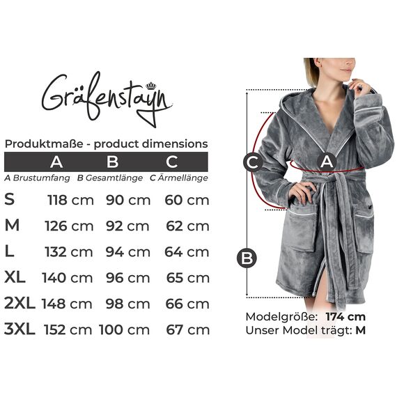 Gräfenstayn Bademantel Damen flauschig mit Kapuze - Kuschelfleece - Öko-Tex Standard 100 - Morgenmantel leicht & kurz - Größe (L, Grau)