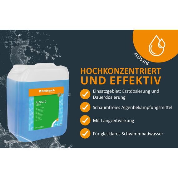 Steinbach Poolpflege Algezid flüssig - 0753505TV02-2X 5 l - Schaumfrei & hochkonzentriert - Verhindert Algenwachstum & entfernt Trübstoffe - Für klares Wasser mit Langzeitwirkung
