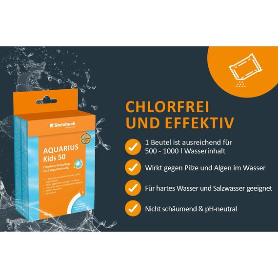 Steinbach Poolpflege Aquarius Kids 50-0753655TD00-5 x 50 ml - Wasserpflege für Kinderpools - Gegen Algen und Pilze - pH-neutral - Nicht schäumend - Für bis zu 1000 l