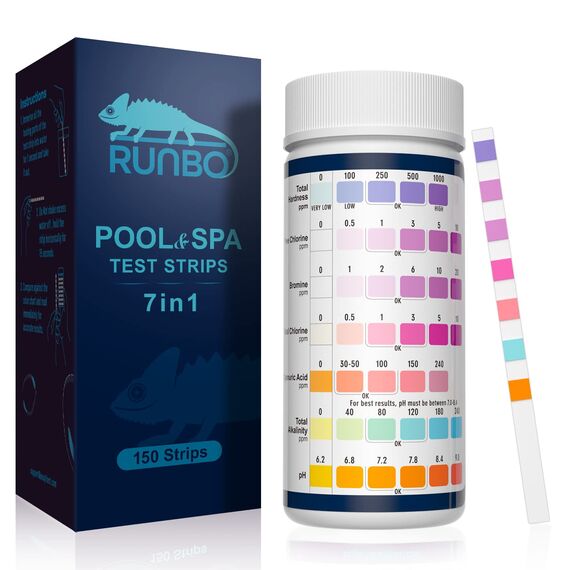 RUNBO 7 IN 1 Poolwasser Teststreifen für pH,150 Stück,Wassertester Tester für Spa Schwimmbad,Genauer Test-Brom, Gesamtalkalinität,Freies Chlor,Gesamthärte,Cyanursäure und Gesamtchlor，pH