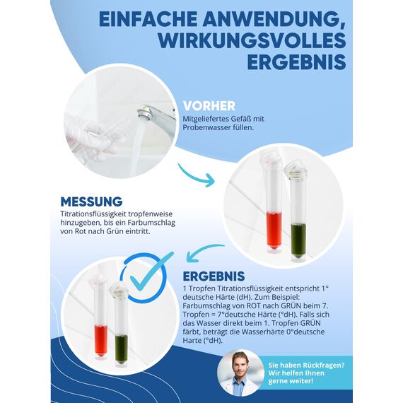AGUALEVE Wasserhärte Test - Die Nr. 1 - Deutsche Grad Härte (°dH) schnell und einfach messen - misst exakt bis 24 °dH - Made in Germany - 25 – 200 Messungen, je nach Härte - 1x 15ml