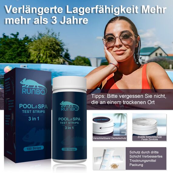 RUNBO 3-in-1 Pool-Teststreifen für Spa, 150 Stäbchen, Teststreifen, Wassertest-Set, genauer chemischer Tester für freies Chlor, Brom, Alkalinität, pH