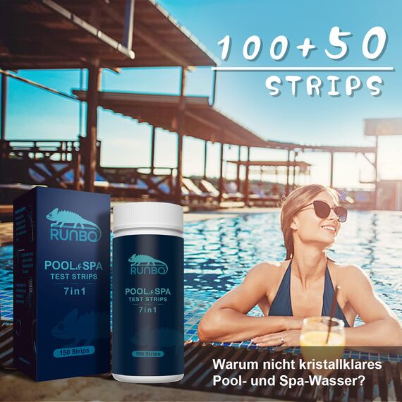 RUNBO 7 IN 1 Poolwasser Teststreifen für pH,150 Stück,Wassertester Tester für Spa Schwimmbad,Genauer Test-Brom, Gesamtalkalinität,Freies Chlor,Gesamthärte,Cyanursäure und Gesamtchlor，pH