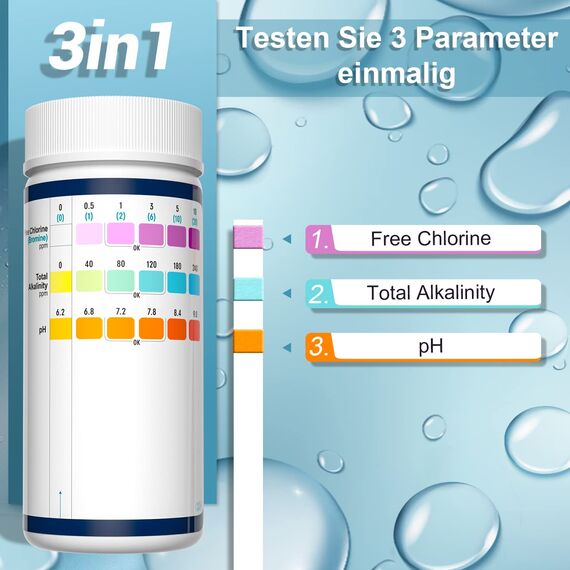 RUNBO 3-in-1 Pool-Teststreifen für Spa, 150 Stäbchen, Teststreifen, Wassertest-Set, genauer chemischer Tester für freies Chlor, Brom, Alkalinität, pH
