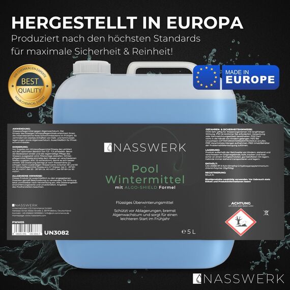 NASSWERK® Wintermittel für Pool flüssig 10L | Hocheffektives Überwinterungsmittel für Pool zum Winterschutz vor Algen, Kalk & Schmutz | Schwimmbad Algenvernichter Winterpflegemittel zur Überwinterung