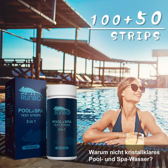 RUNBO 3-in-1 Pool-Teststreifen für Spa, 150 Stäbchen, Teststreifen, Wassertest-Set, genauer chemischer Tester für freies Chlor, Brom, Alkalinität, pH
