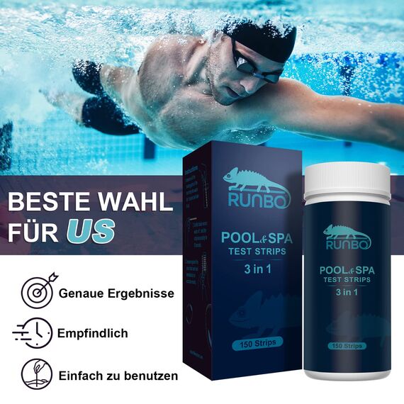 RUNBO 3-in-1 Pool-Teststreifen für Spa, 150 Stäbchen, Teststreifen, Wassertest-Set, genauer chemischer Tester für freies Chlor, Brom, Alkalinität, pH