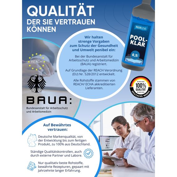 AGUALEVE® Poolklar 0,5l *NEU* | Kristallklar 2.0 Formel für perfektes Poolwasser | Pools, Whirlpools, Planschbecken | Markenqualität Made in Germany | für 100.000 Poolwasser | mit Note 1,2 getestet