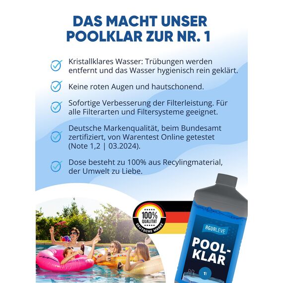 AGUALEVE® Poolklar 1l *NEU* – Kristallklar 2.0 Formel für perfektes Poolwasser – Pools, Whirlpools, Planschbecken – Markenqualität Made in Germany – für 200.000 Poolwasser – mit Note 1,2 getestet