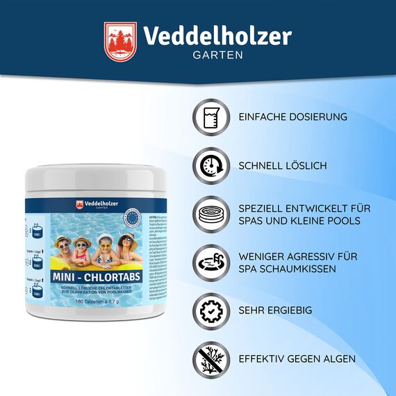 Veddelholzer 180 Mini Chlortabletten. Schnelllösliche Chlortabs für Pool, Aufstellpool, Planschbecken, Gartenpool, Kinderpools & Whirlpool Wasserpflege. Pool Zubehör Poolreinigung & Desinfektion